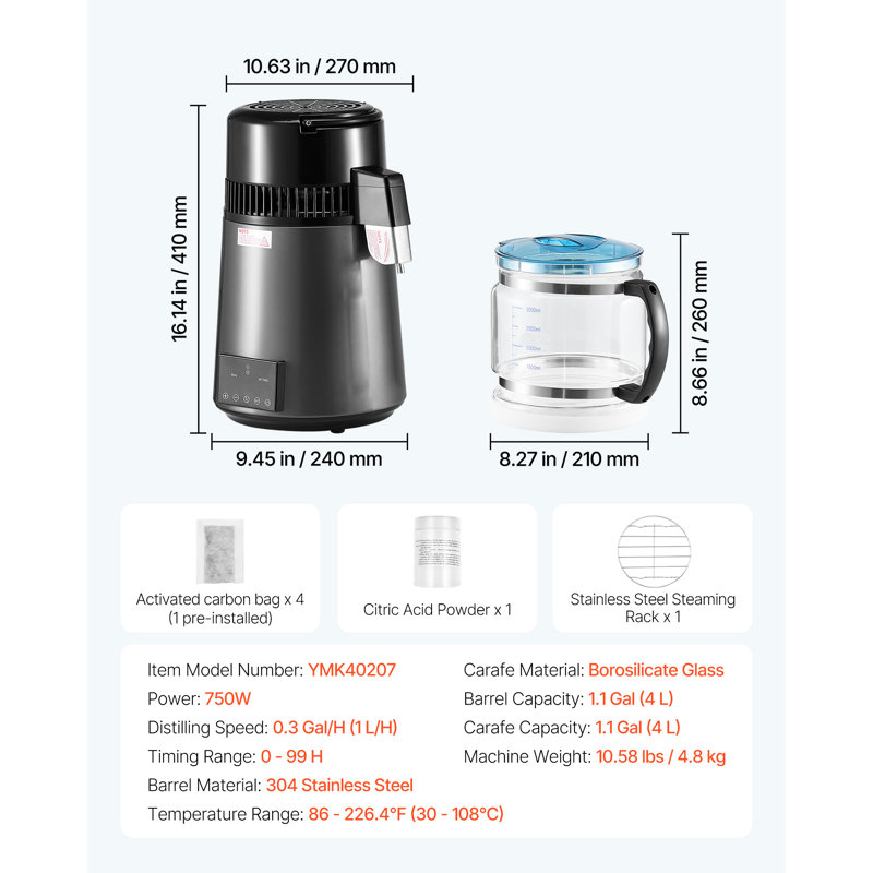 Verre en acier inoxydable 750L 4L, H 16,14 po x l 10,63 po x P 10,63 po, Noir