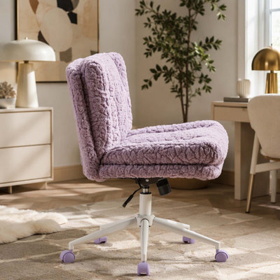 Fauteuil de bureau 26,4 pouces, siège de bureau en fausse fourrure avec base en métal, fauteuil de bureau pivotant réglable, fauteuil de coiffeuse (violet)