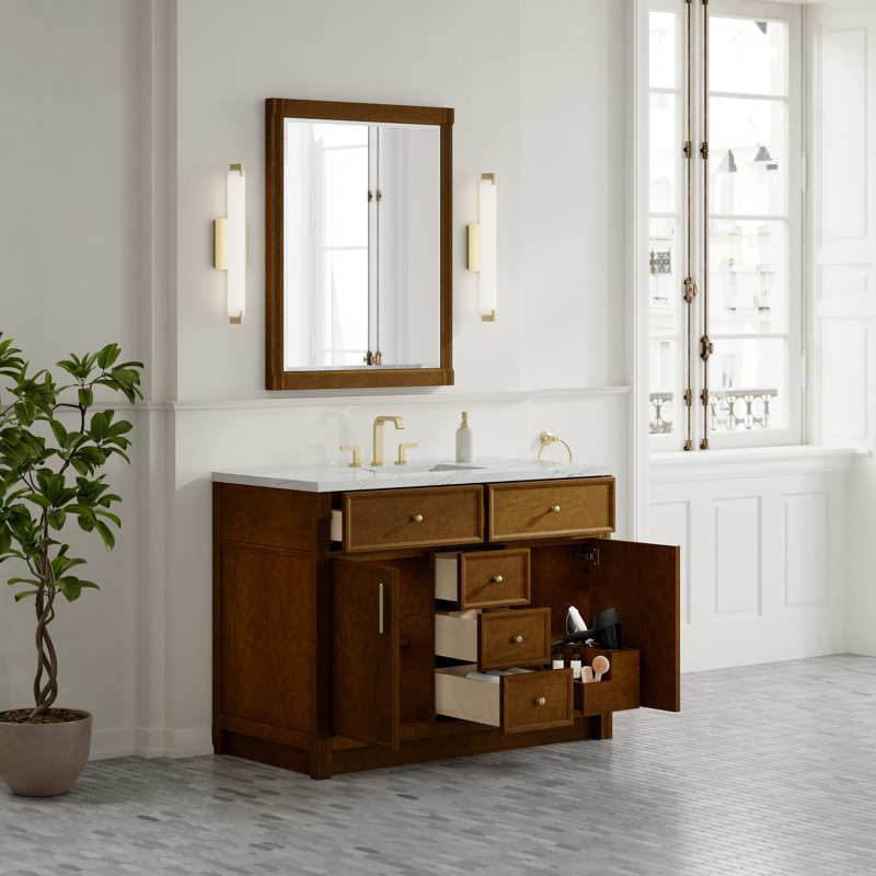 Bellshire 48" W Single Vanity w/FreePower Wireless Charger, Ethereal Noctis Silestone, Honey Oak