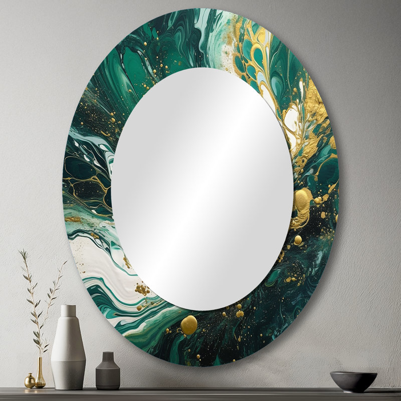 Vert et or Serene Cascade I - miroir unique abstrait, grand miroir mural vert, impression sur métal, 40 po x 30 po, Ovale