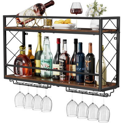 Wine Rack Wall Mounted 2 Tier Wall Wine Rack With Glass Holder, Double Layer Anti-drop Crossbar, 31.5" Metal Wood Wall Mount Wine Holder For Home Kitc