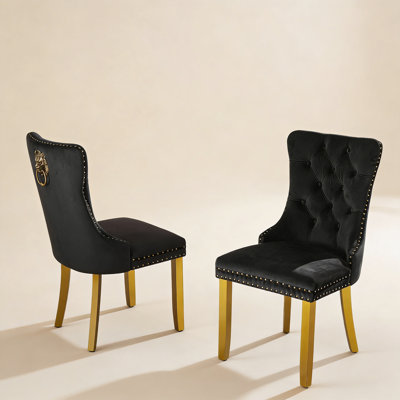 Velvet Upholstered Dining Chair with Golden Wooden Legs and Nailhead Trim, Set of 2