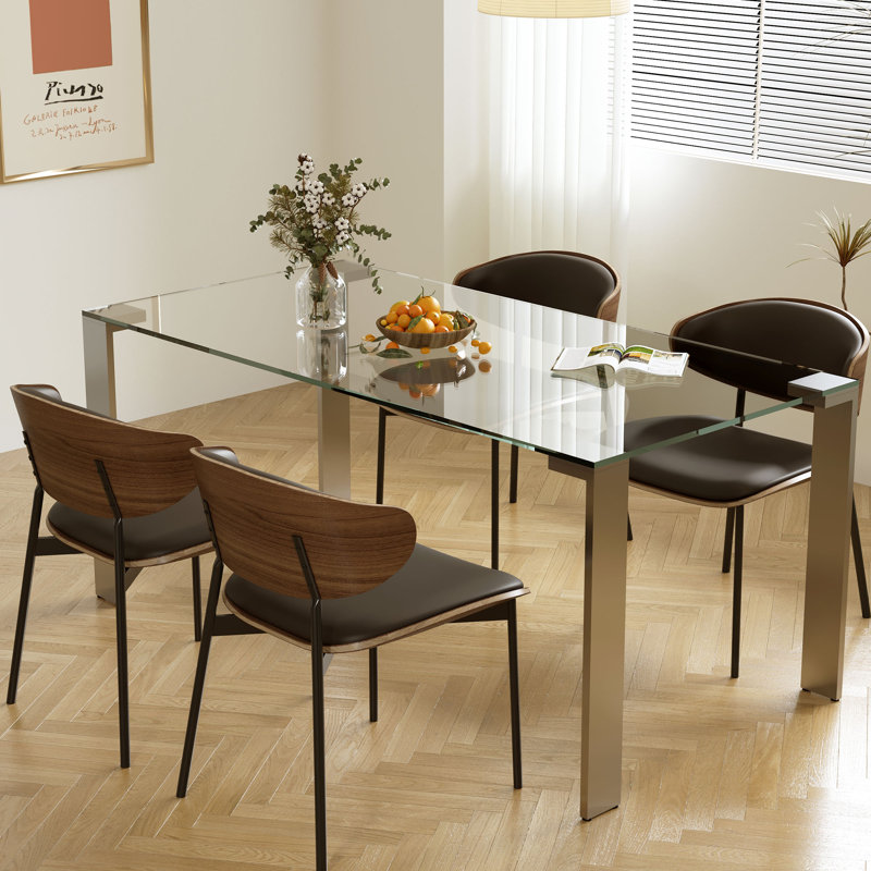66.9 Inch Tempered White Glass Dining Table With Brushed Stainless Steel Legs For Dining Room Living Room, Modern Durable
