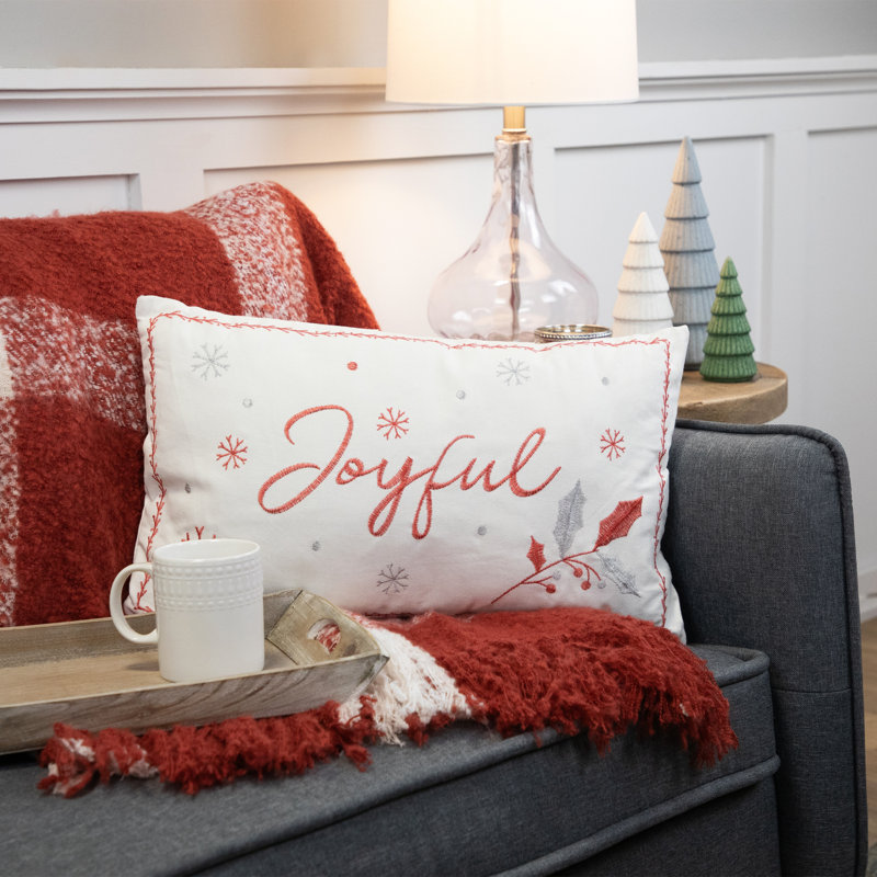 Coussin décoratif brodé «Joyful» de Noël rectangulaire - 19 po - rouge et blanc