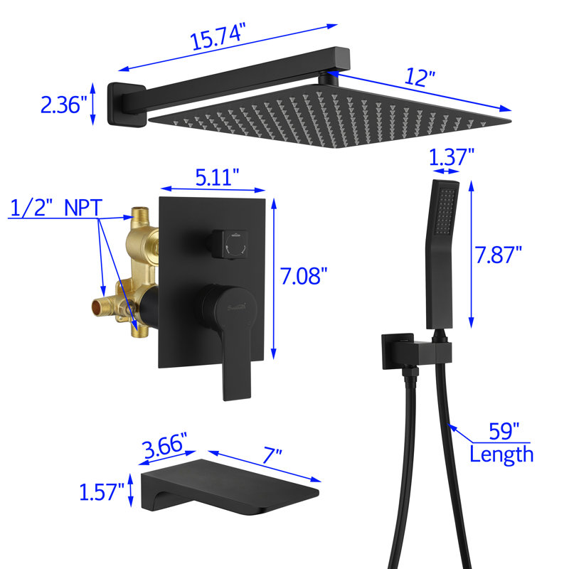 Système de douche complet à pression équilibrée avec valve brute en noir mat