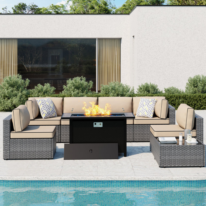  Emanie 6 - Person Outdoor Rattan Patio Set with Fire Pit Table, Silver, Khaki