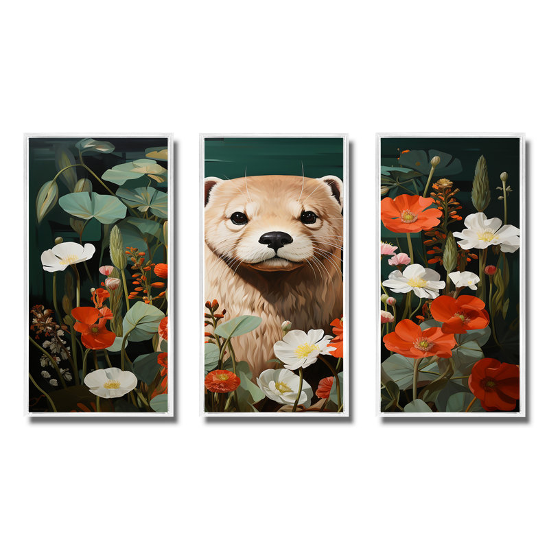Loutre ludique en fleurs tropicales II - loutre, art mural, Cadre flottant blanc, H 32 po x l 48 po
