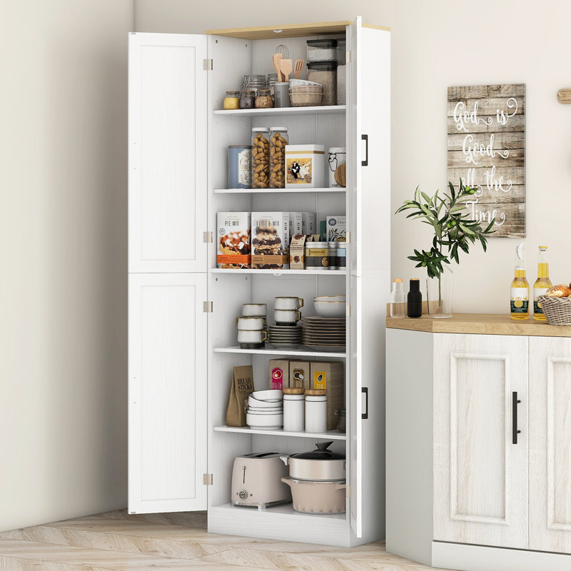 67" Freestanding Kitchen Pantry, 4-Door Storage Cabinet Organizer With Adjustable Shelves, Kitchen Cabinet With Doors And Shelves, Distressed White