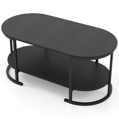 Hommoo 2-Tier Oval Coffee Table with Open Shelf Storage, Wooden Accent Table for Living Room, Modern Farmhouse Decor, Black