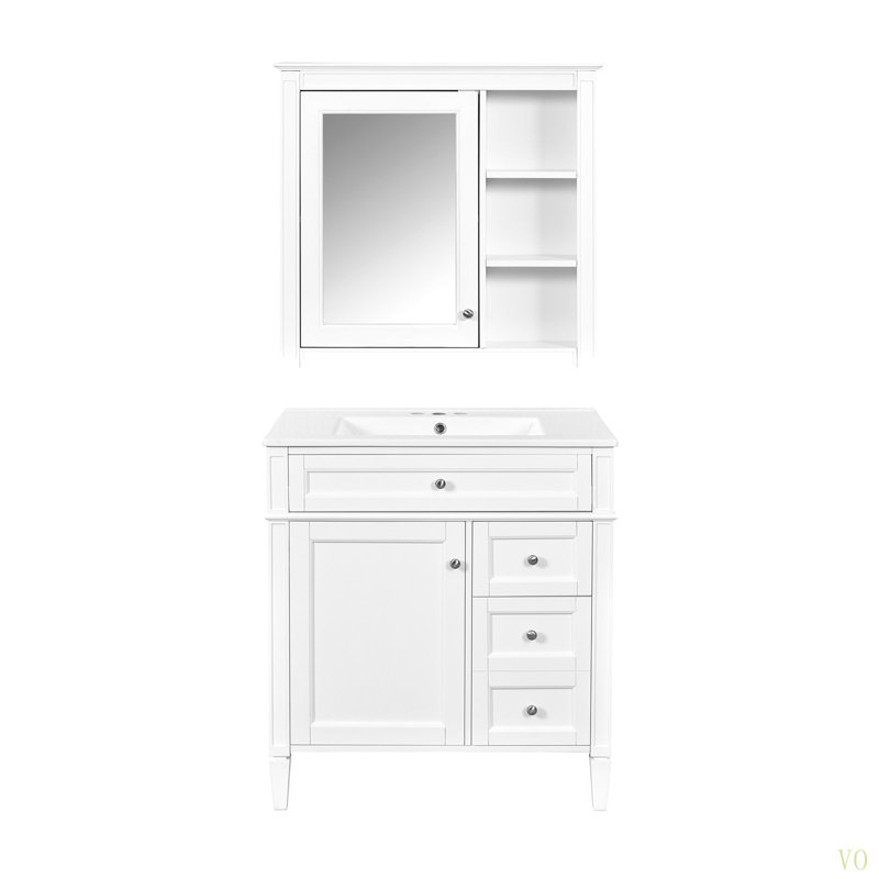 Ensemble de meuble-lavabo autoportant 30 po avec lavabo supérieur, meuble-lavabo moderne avec 2 tiroirs et un tiroir basculant, meuble-lavabo autoportant avec miroir et meuble-lavabo simple