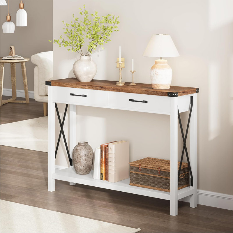 Wooden Entryway Table, Farmhouse Console Table With 2 Drawers, Sofa Table With Storage
