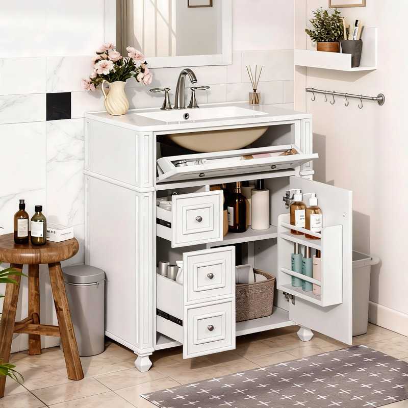 30 Inch Bathroom Vanity Cabinet With Ceramic Sink,soft Close Doors & Door Organizer Storage, White