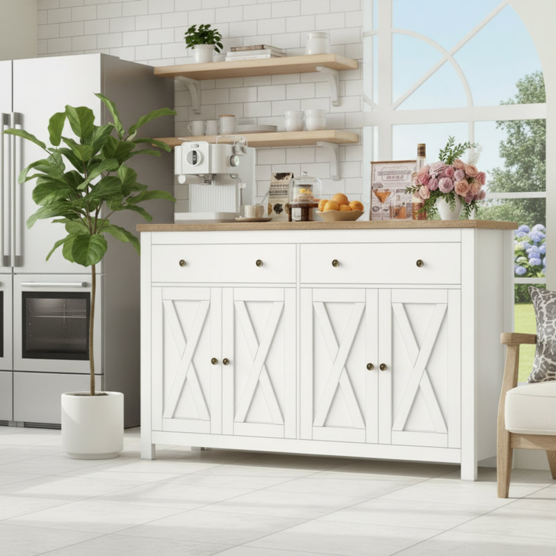 Buffet de cuisine blanc, 4 portes, 2 tiroirs, hauteur de tablette réglable., Blanc