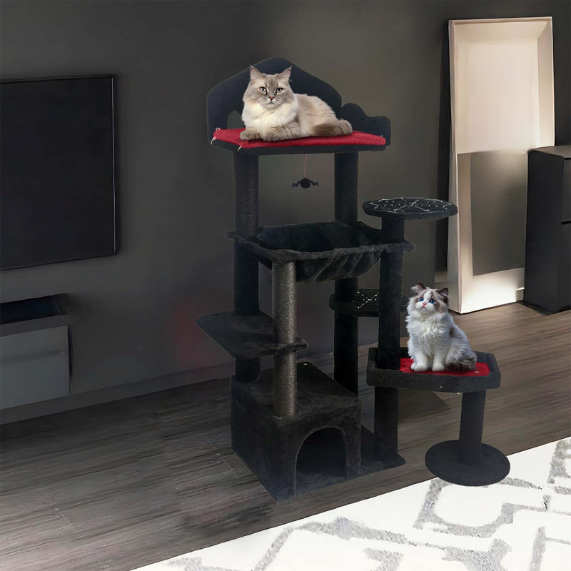 Arbre à chat noir gothique, tour de chat effrayante à plusieurs niveaux avec poteaux à griffer, perchoirs, hamac et grotte pour chat d'intérieur - 58 po