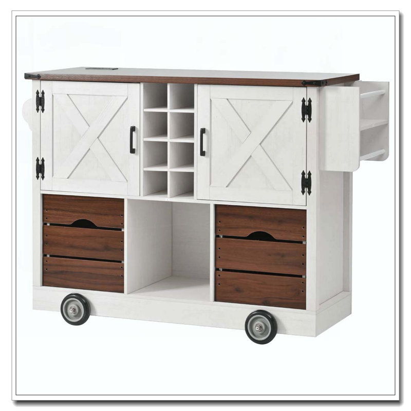 54" Farmhouse Kitchen Island With Drop Leaf, Power Outlet, Kitchen Storage Cart With 2 Doors, 2 Drawers, Rolling Kitchen Island On 4 Large Wheels With Spice Rack For Kitchen, Dining Room