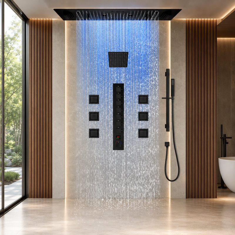 Système de douche thermostatique à DEL 36 po x 16 po avec affichage numérique, pluie, cascade et douchette