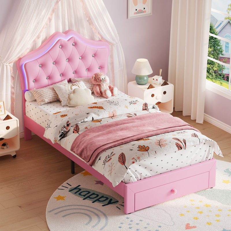 Twin Size Upholstered Princess Bed Frame with LED Lights and Storage Drawer, Faux Leather Platform Bed, Pink