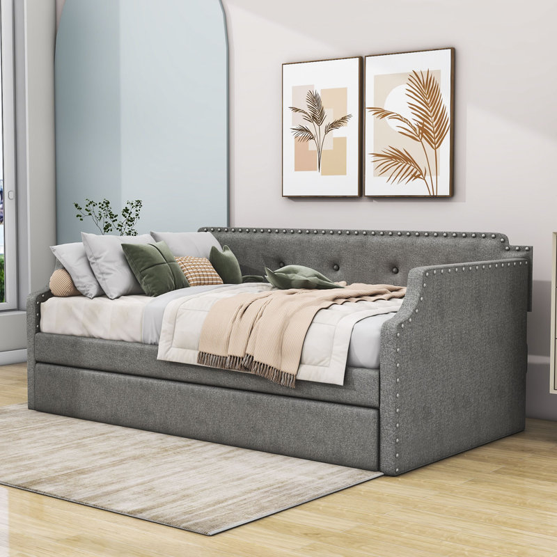 Venancio Twin Size Upholstered Daybed with Twin Size Trundle and Slat Support, Gray