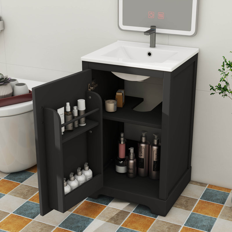Meuble-lavabo autoportant de 20 pouces, construction en bois massif, porte à fermeture douce, support de rangement et tablette réglable