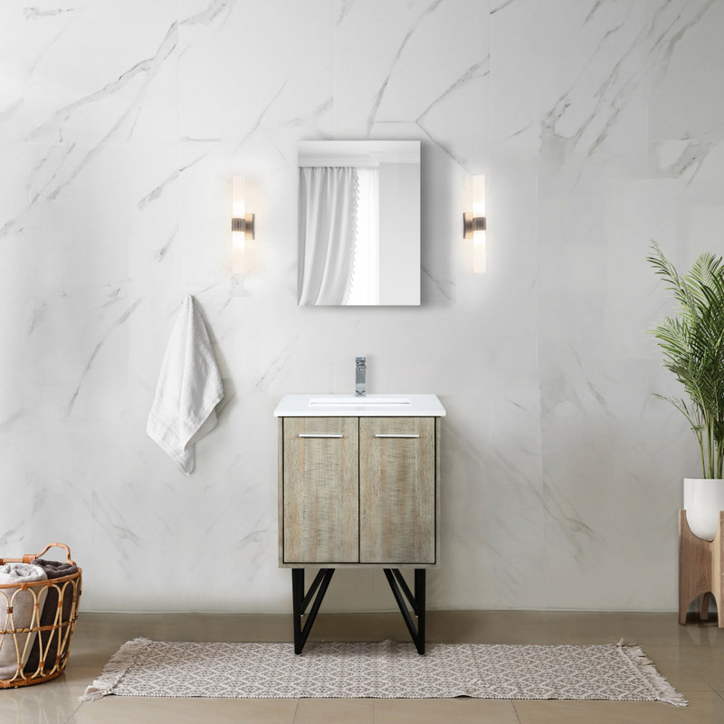 Meuble-lavabo rustique pour salle de bain avec comptoir en quartz blanc, robinet et miroir mural 18 po, 24"