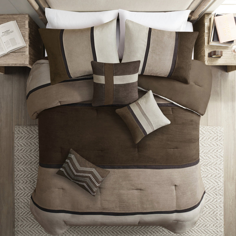Édredon 7 pièces en faux suède brun, très grand, coussins décoratifs, jupe de lit, literie élégante lavable à la machine, brun, édredon brodé, chaud