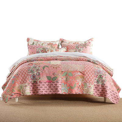 HoneiLife Pink Classic American Cotton Handmade Patchwork 3-Piece King Size Quilt Sets