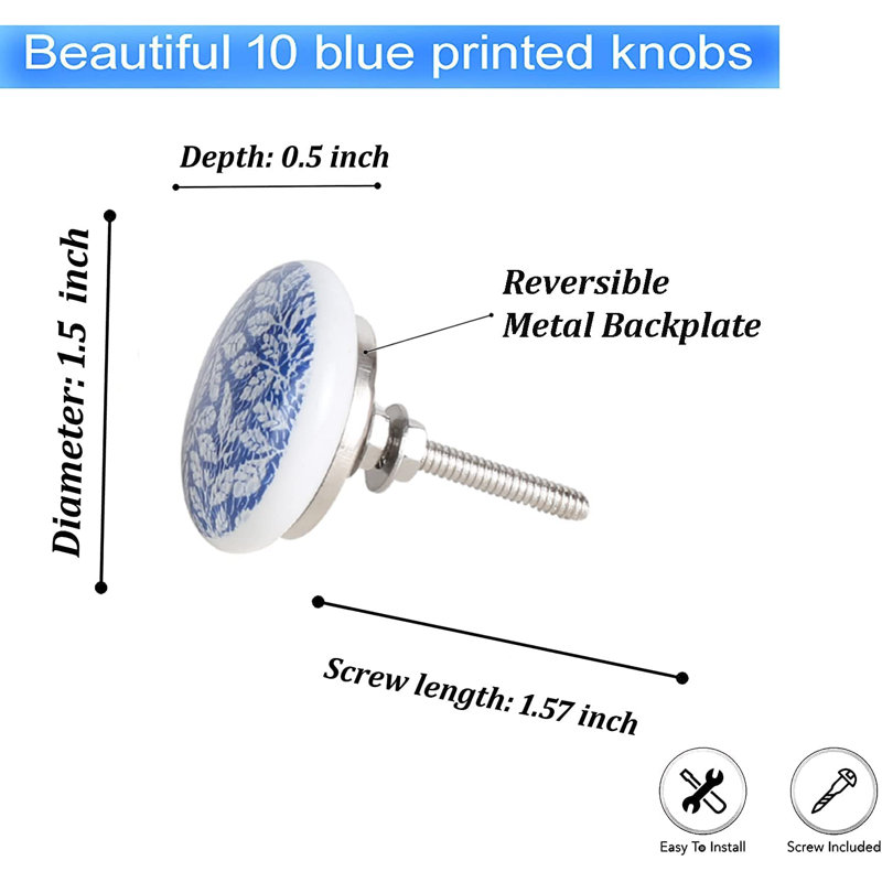 Blue and White Ceramic Round Drawer Knobs Set of 10
