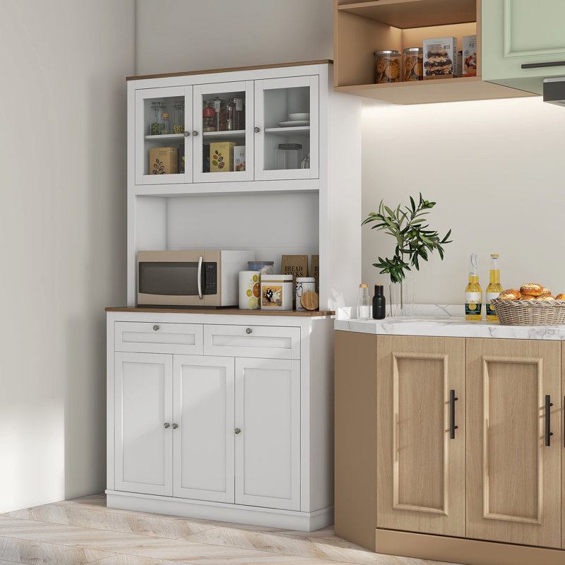 Cuisine de 71 po de hauteur avec 5 portes, 2 tiroirs, 2 tablettes réglables, un support à micro-ondes, un blanc pour le salon, un garde-manger et un garage