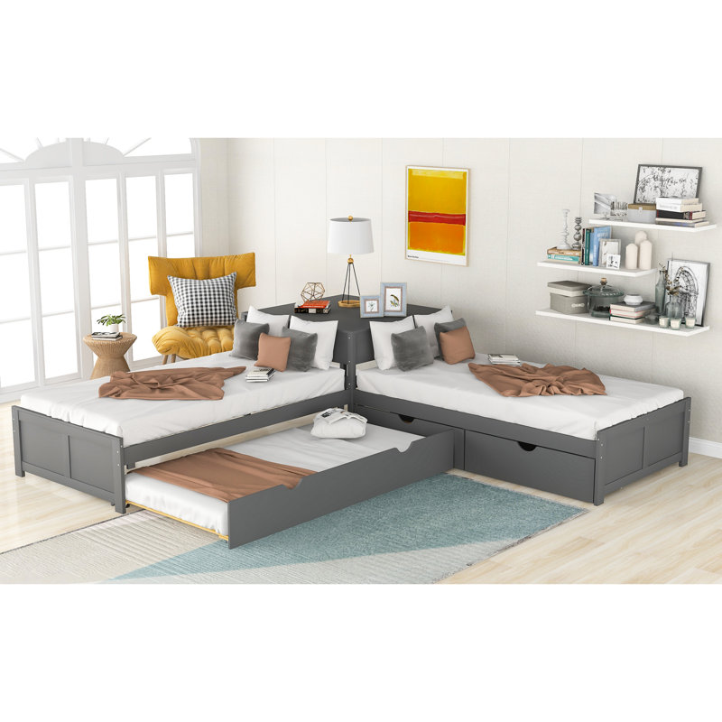 L-Shaped Platform Bed With Drawers, Trundle, Twin, Gray - Built-In Desk For Enhanced Functionality Twin In Equipped And Charming