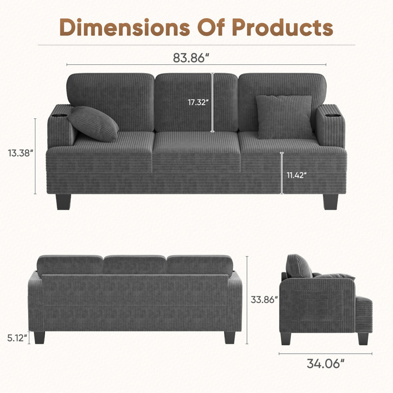 84" Modern style comfortable corduroy reception sofa, seating of 3, with cup holder, side pocket and type-c interface, Gray