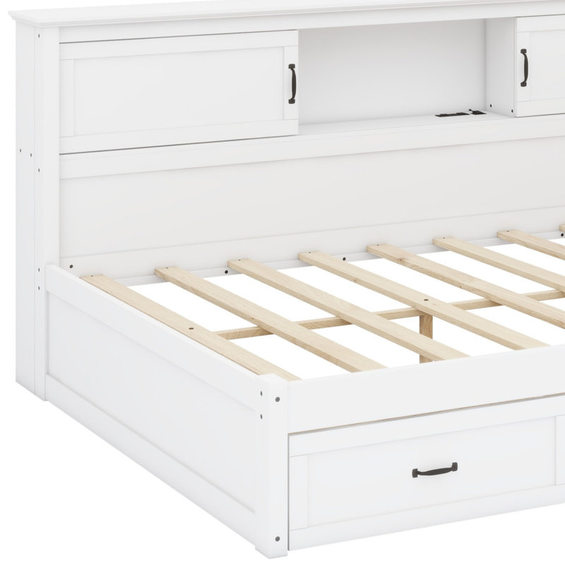 Structure de lit en L avec tiroir et bibliothèque, lit d'angle en bois avec éclairage à DEL et port USB, Double