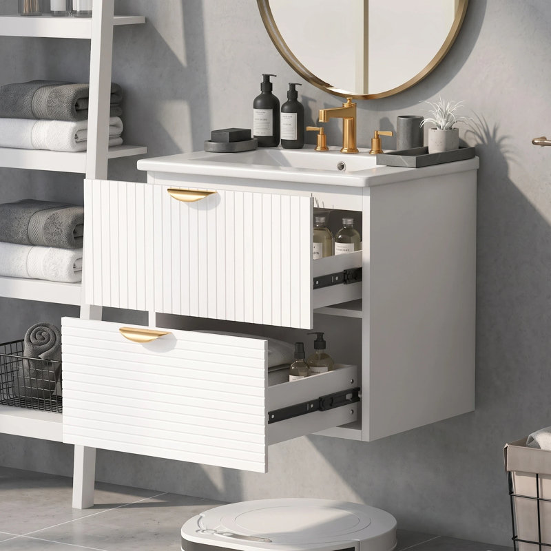 Ensemble de meuble-lavabo moderne à 2 tiroirs avec plateau en céramique, Blanc