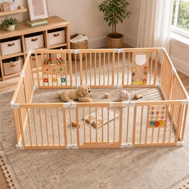 Parc pour bébé 10 panneaux pliable avec structure en bois de pin massif, panneaux d'activité et porte, 10 panneaux