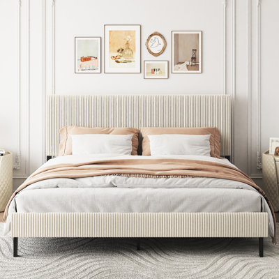 Beige King - Size Bed Frame With Headboard Metal For Stability, Noiseless Sleep, Easy Assembly, Bedroom Decor Bandaged Stable Structure, Comfortable Platform, Setup