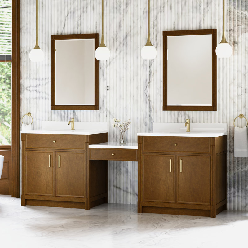 Bellshire 96" W Dual Vanity Set with 24" Make-Up Counter, Honey Oak, White Zeus, Single Faucet