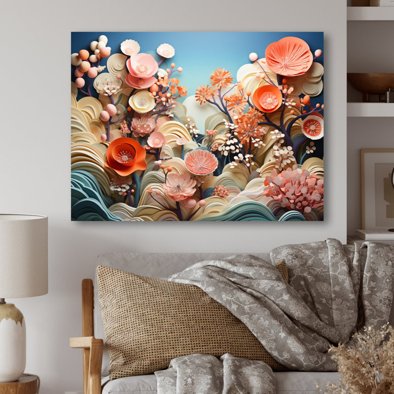 Corail éclatant géométrique - impression d'art en métal corail, H 30 po x l 40 po x P 1 po