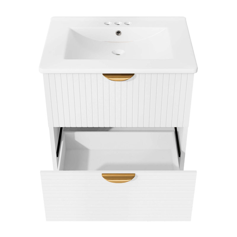 Meuble-lavabo mural moderne de 24 pouces avec 2 tiroirs, idéal pour les petites salles de bain, Blanc