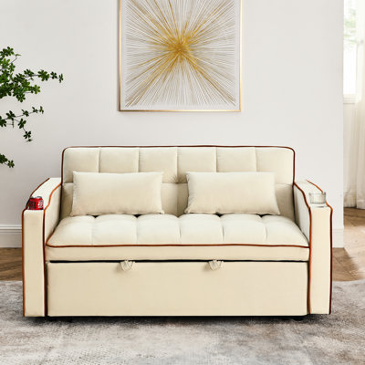 Lit pliant moderne en velours beige, dossier réglable, cendrier, support pour téléphone et coussins 55,5 po beige, port, coussins confortables