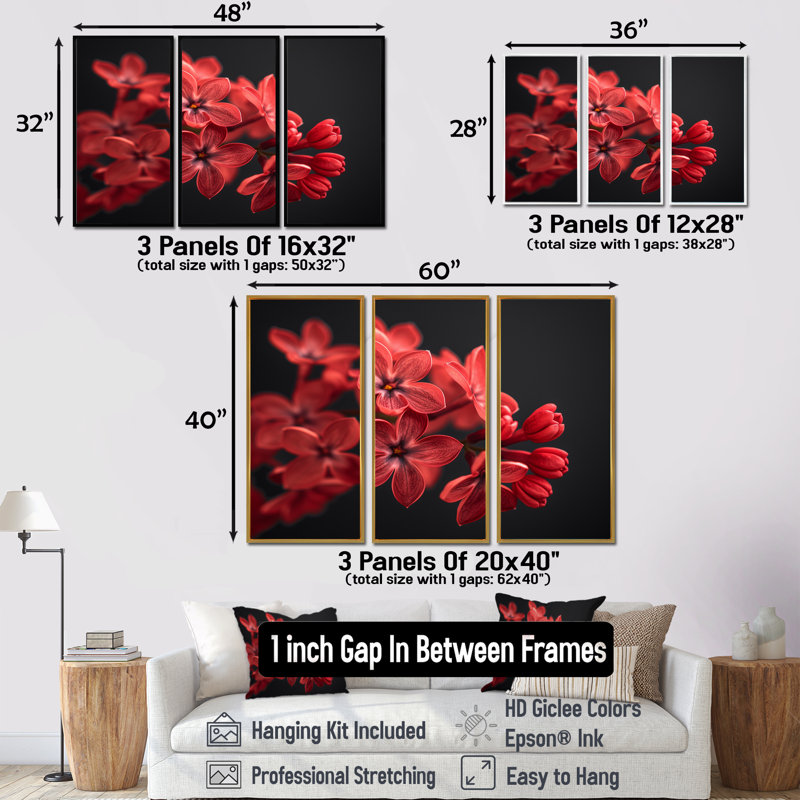 «Red Black Romantic Lilac Beauty - Lilacs», ensemble de reproduction d'art mural, Toile naturelle avec cadre flottant