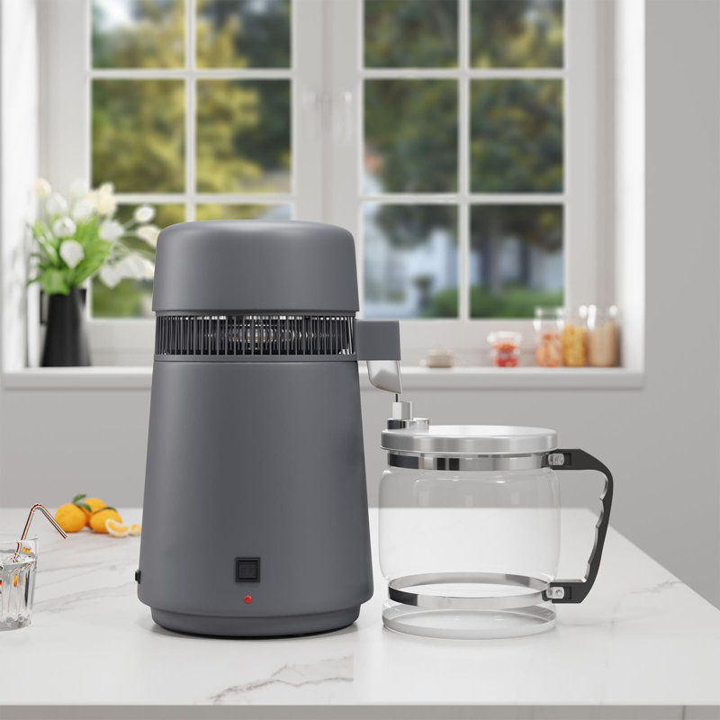 Countertop Water Distiller, 1.1 Gal/4L 750W 110V Stainless Steel Distilled Water Maker & Purifier - Home/Office/Lab - Metal Gray - Glass Pot