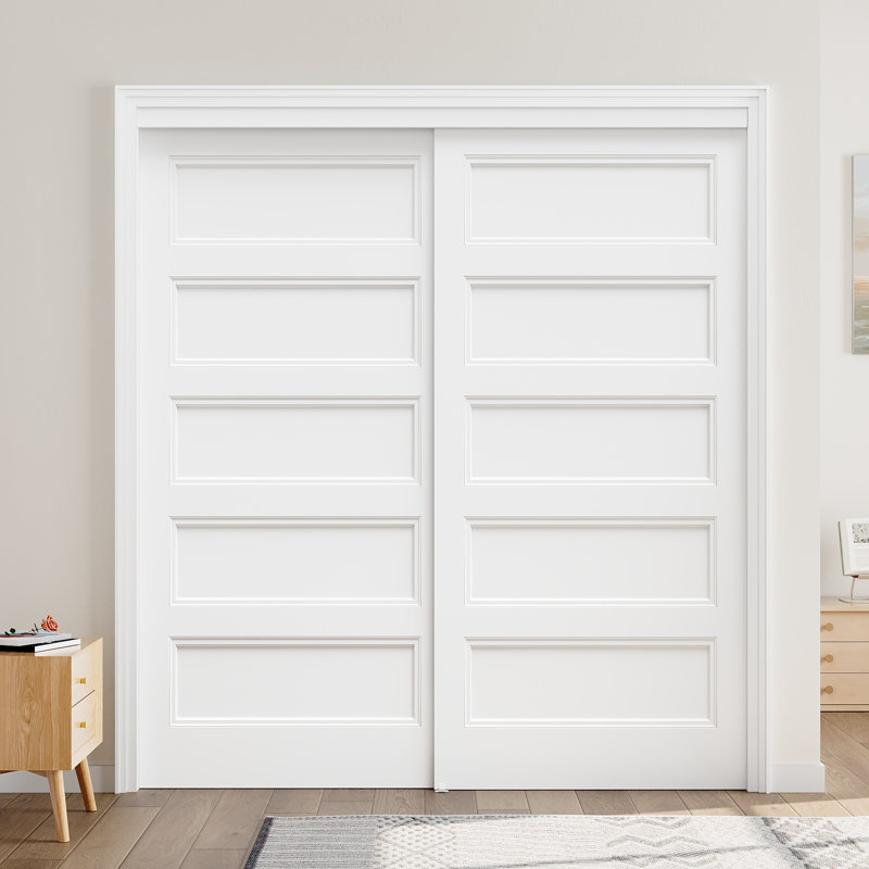72" x 80" 5-Panel Hollow Smooth White Primer Moulded Sliding Door, Including Installation Hardware Kit, Requires Assembly