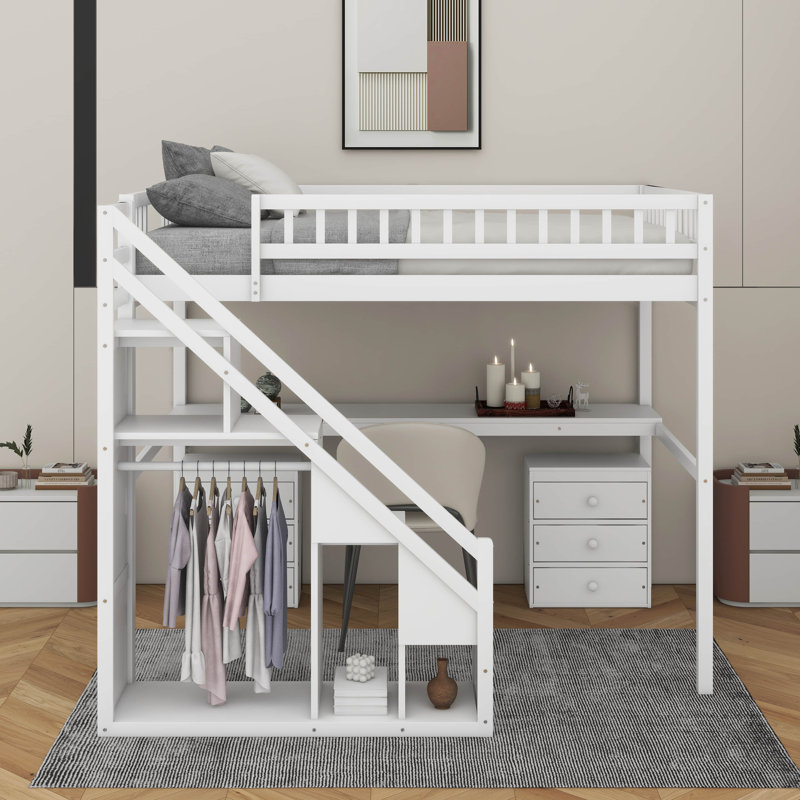 Lit mezzanine double avec tiroirs, Blanc