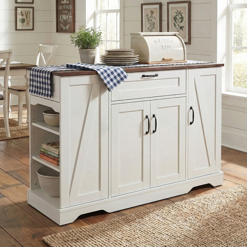 Four-Door Kitchen Island, Kitchen Trolley, White