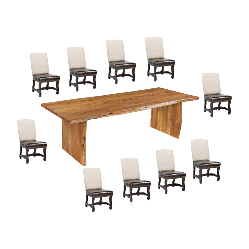 11-Piece Live Edge Solid Wood Dining Set, Natural, Beige/Dark Brown