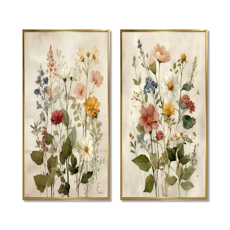 Art mural sur toile 2 fleurs rétro, H 40 po x l 40 po, Cadre flottant doré