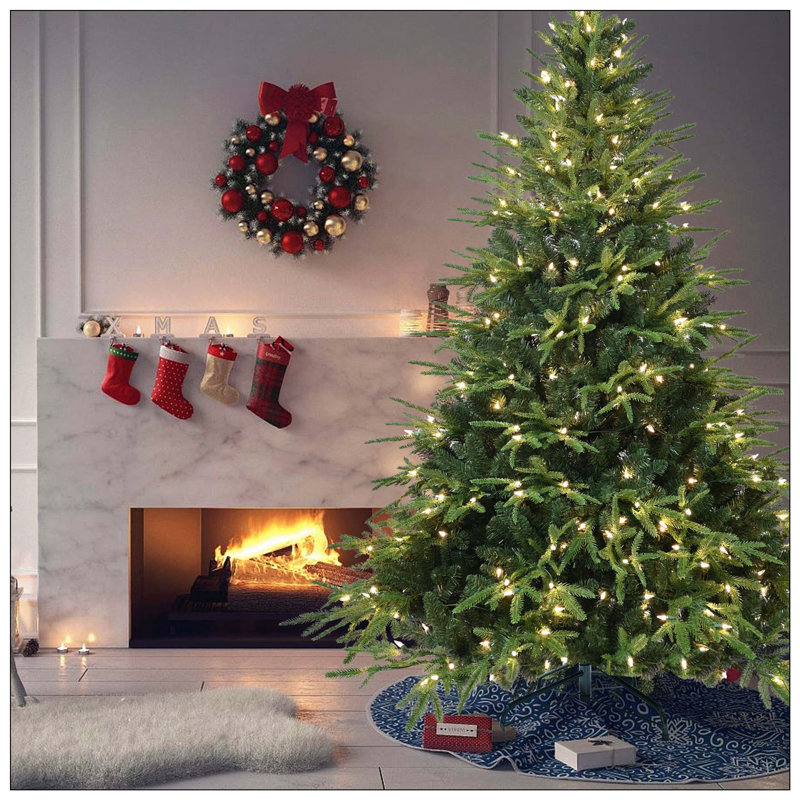 Arbre de Noël artificiel pré-éclairé avec 450 lumières incandescentes blanc chaud, 2225 pointes, pin articulé en PE + PVC avec branches à mémoire de forme partielle, support en métal pliable pour la décoration des Fêtes