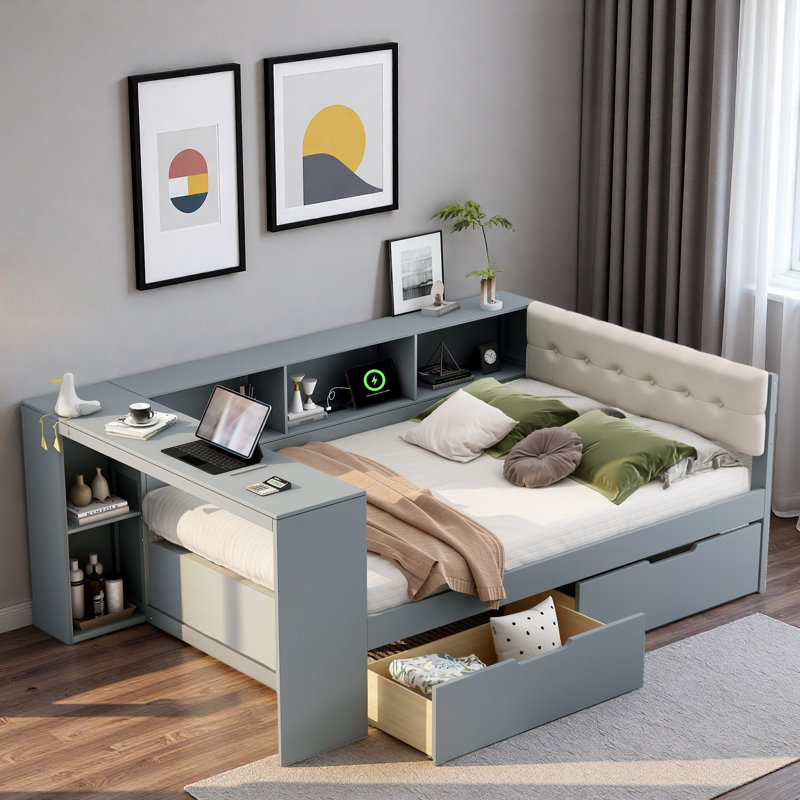 Lit plateforme avec tablettes de rangement, tiroirs, station de charge, bureau et tête de lit tapissier, gris, Double