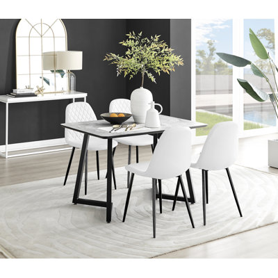 Industrial Design White & Grey Marble Effect Melamine Dining Table Set with 4 Faux Leather Chairs