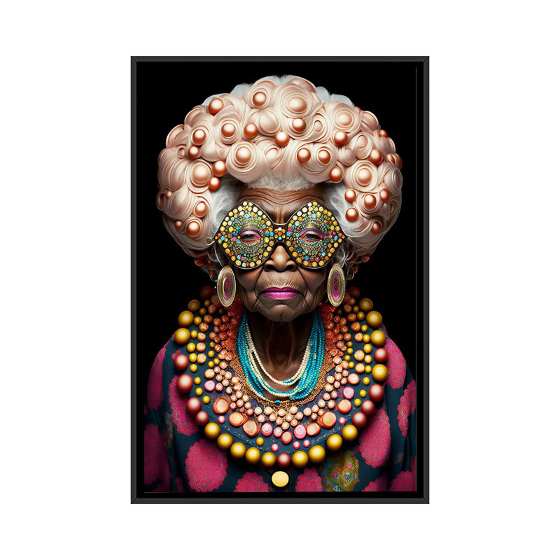 Afrofuturist Grandma I, H 60 po x l 40 po x P 1,5 po, Toile avec cadre flottant noir