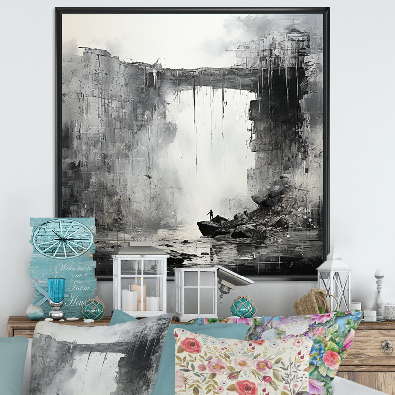 Adventourous Waterfall Caves sur impression sur toile, Cadre flottant noir, 30" H x 30" W
